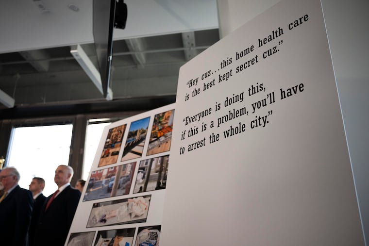 Poster boards are displayed as federal and state law enforcement officials announce healthcare fraud charges, Tuesday, August 4, 2026 in Philadelphia.