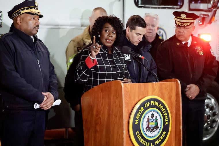 Mayor Cherelle L. Parker, along with city officials, provides updates on the deadly parking garage collapse at 30th Street and Grays Ferry Avenue on Thursday, April 9.