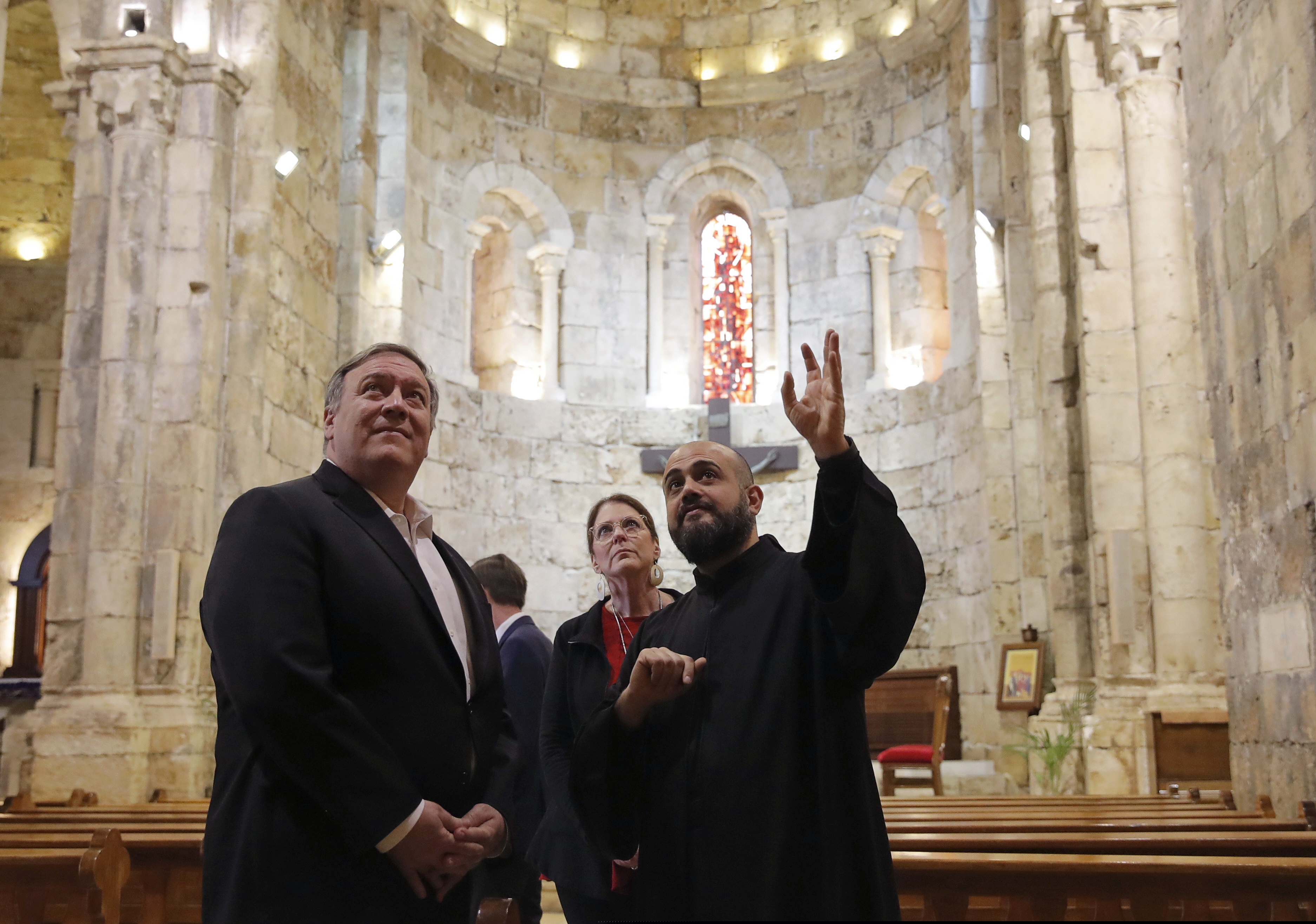 U.S. Secretary of State Mike Pompeo and his wife Susan visit a church at Byblos, Lebanon, Saturday, March 23, 2019.