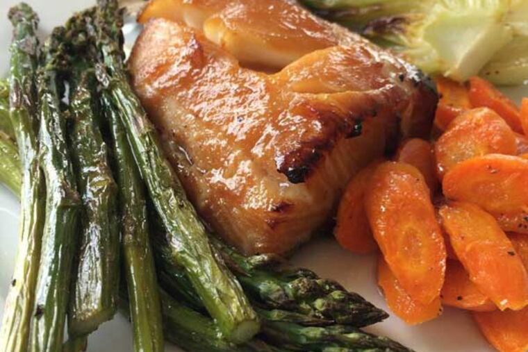 Black Cod Pan Roast, featuring bok choy, asparagus, and carrots. (Credit: Hope Cohen)
