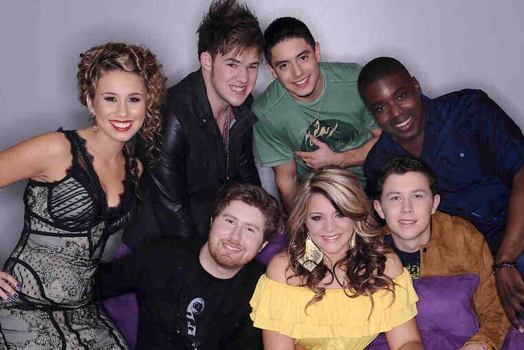 Season's final seven on "American Idol" (clockwise from left): Haley Reinhart, James Durbin, Stefano Langone, Jacob Lusk, Scotty McCreery, Lauren Alaina, and Casey Abrams.