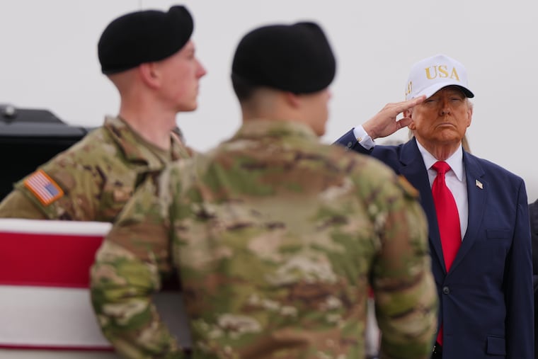 President Donald Trump salutes as an Army carry team moves the flag-draped transfer case containing the remains of U.S. Army Reserve Sgt. Declan Coady, 20, of West Des Moines, Iowa, who was killed in a drone strike at a command center in Kuwait after the U.S. and Israel launched its military campaign against Iran, during a casualty return Saturday, March 7, 2026, at Dover Air Force Base, Del.