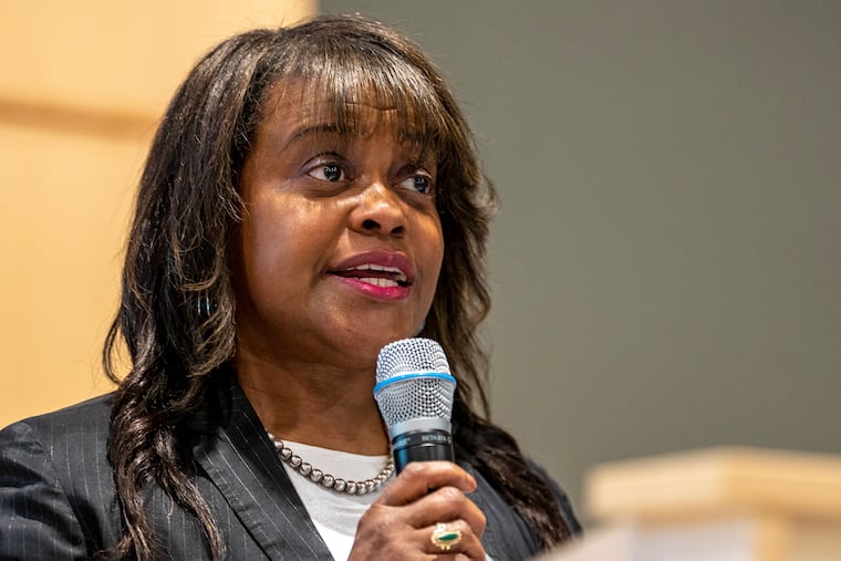 Then-candidate Tina Lawson speaks seeking the votes of party members as the Montgomery County Democratic Committee holds its endorsement convention for local elections at Colonial Middle School in Plymouth Meeting in 2023. She took office as register of wills in January.