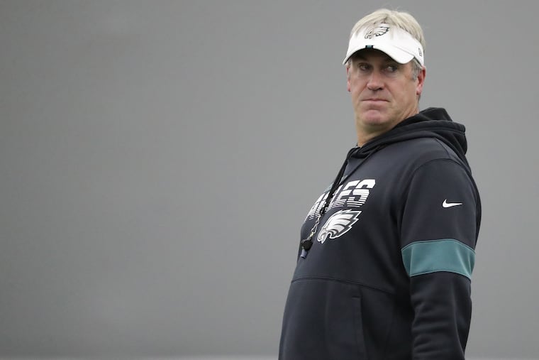 Eagles head coach Doug Pederson watches during the Philadelphia Eagles practice at the NovaCare Complex in Philadelphia, PA on October 9, 2019.