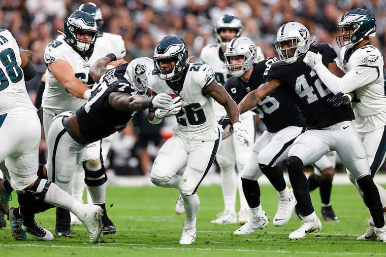 Eagles running back Miles Sanders runs with the football against the Las Vegas Raiders on Sunday, October 24, 2021 in Las Vegas.