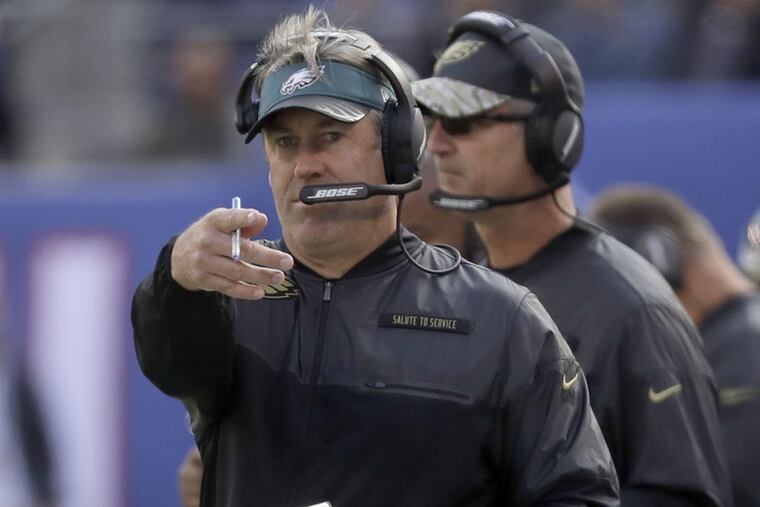 Eagles' head coach Doug Pederson points against the New York Giants on Sunday, November 6, 2016 in East Rutherford, NJ. YONG KIM / Staff Photographer