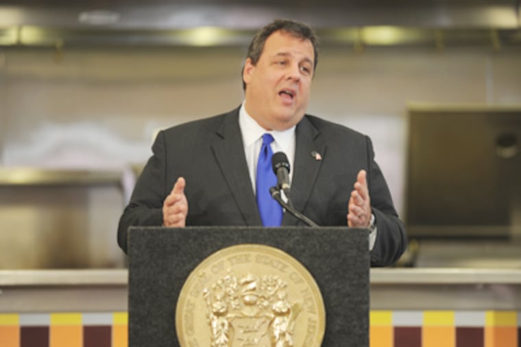 Gov. Christie at a recent talk at Cathedral Kitchen in Camden. In meetings across the state, he has urged lawmakers to stop public workers from cashing in on unused sick days for big payouts. (Sarah J. Glover / Staff Photographer)