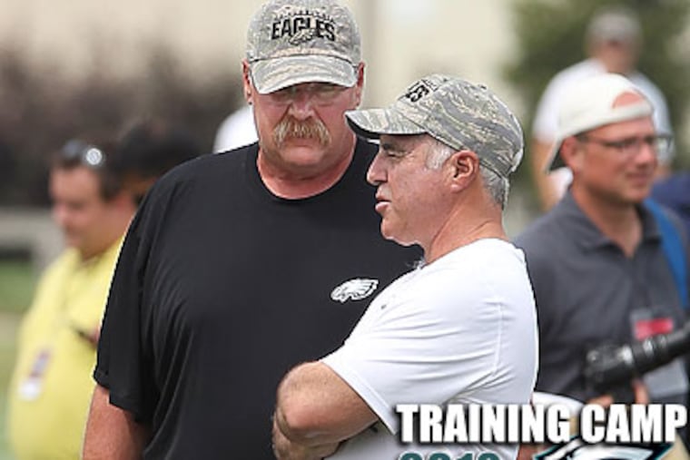 Eagles owner Jeff Lurie chats with Andy Reid at training camp. (Michael Bryant/Staff Photographer)