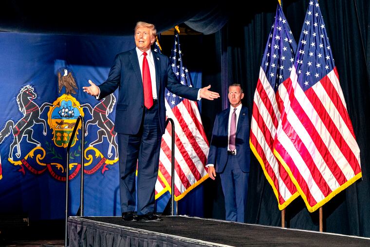 Former President Donald Trump arrives at the Pennsylvania Farm Show Complex in Harrisburg on Wednesday, July 31, 2024.