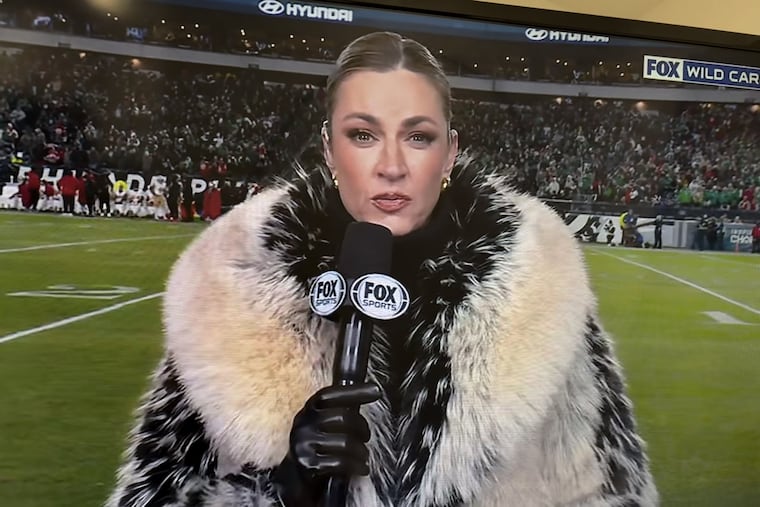 Erin Andrews appears during a FOX Sports broadcast of the Eagles-49ers game Sunday, Jan. 11, 2026.