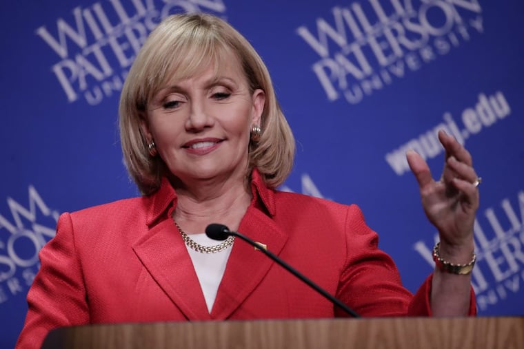 Lt. Gov. Kim Guadagno talks to reporters after participating in a gubernatorial debate in Wayne, N.J.