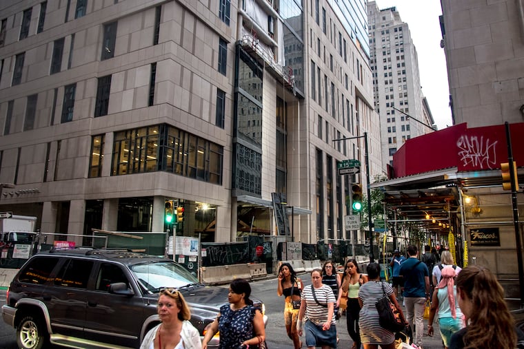 The W Philadelphia and Element Philadelphia Hotel under construction in 2019, looking northeast from the corner of 15th and Chestnut Street.