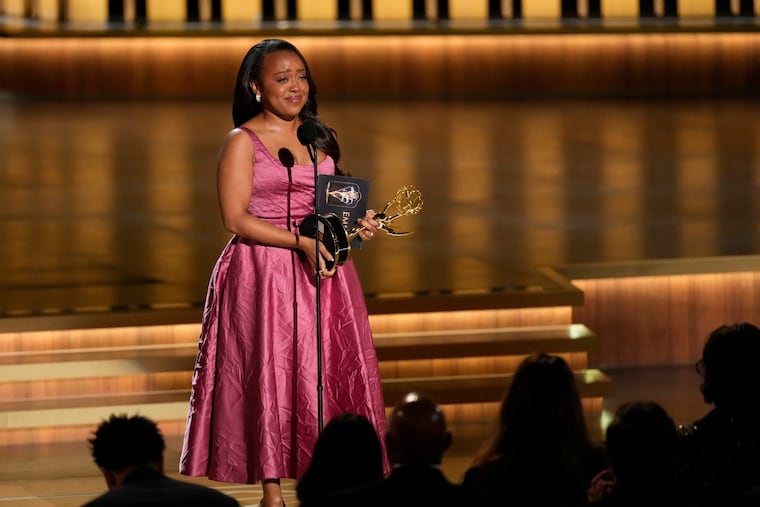 Quinta Brunson accepts the award for outstanding lead actress in a comedy series for "Abbott Elementary" during the 75th Primetime Emmy Awards on Monday, Jan. 15, 2024, at the Peacock Theater in Los Angeles. (AP Photo/Chris Pizzello)