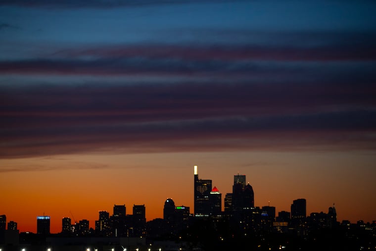 A sunset over the Philadelphia skyline in May.