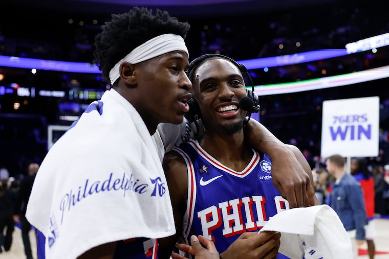 Sixers guards VJ Edgecombe (left) and Tyrese Maxey after the win against the Indiana Pacers on Monday.