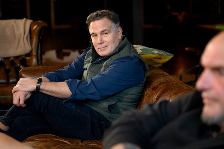 Sen. Dave McCormick (R., Pa.) with Sen. John Fetterman at Fetterman's home on Feb. 2.