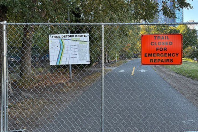 A portion of the Schuylkill River Trail between Race Street and JFK Boulevard was closed Thursday, Oct. 23, 2025 for emergency repairs after a large sinkhole appeared.