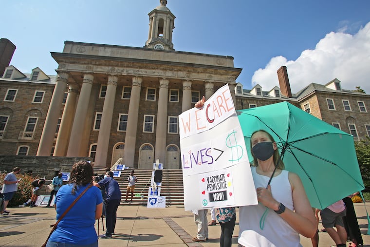 Penn State faculty member Julia Kregenow PhD. participates in the ÔVaccinate Penn StateÕ rally at Old Main at the university's main campus in State College, Pa., on Aug. 27, 2021. The event, organized by the Coalition for a Just University, was to support a COVID-19 vaccine mandate and other safety measures.