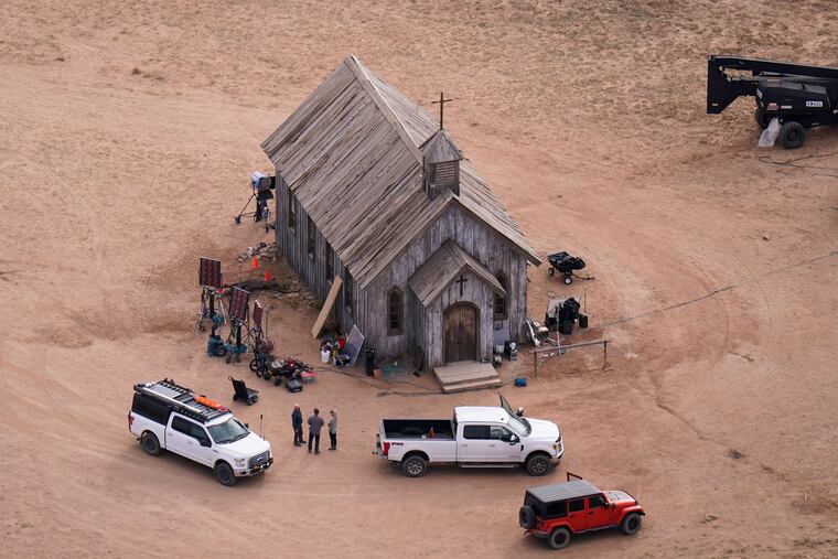 This aerial photo shows the movie set of "Rust" at Bonanza Creek Ranch in Santa Fe, N.M., in 2021.