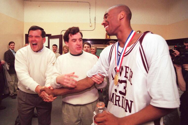 Governer Tom Ridge (L) and Lt. Gov. Mark Schweiker (C) joke with Kobe Bryant in 1996 following the Aces' state championship.
