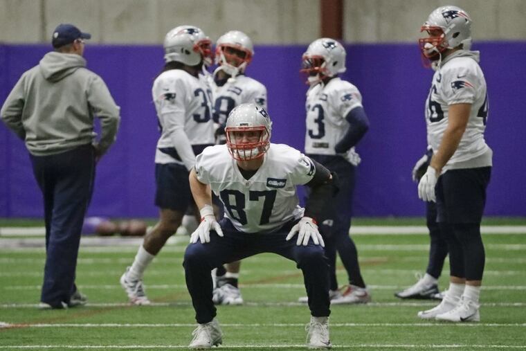 New England Patriots tight end Rob Gronkowski (87) warms up during a practice Thursday, Feb. 1, 2018, in Minneapolis. The Patriots are scheduled to face the Philadelphia Eagles in the NFL Super Bowl 52 football game Sunday, Feb. 4.