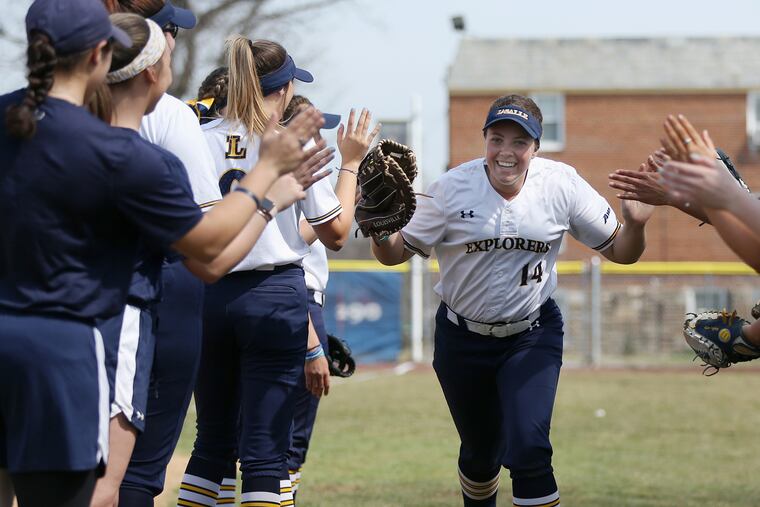 La Salle first baseman Ashley Mendenhall is introduced before a game against St. Bonaventure.