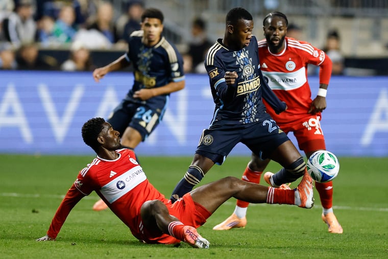 Union midfielder and Haiti native Danley Jean Jacques (center) in action during Game 1 of the just-finished playoff series against Chicago.