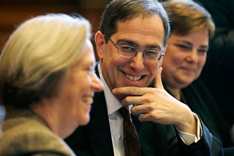 Princeton University president Shirley M. Tilghman announces Christopher L. Eisgruber (center) as her successor.