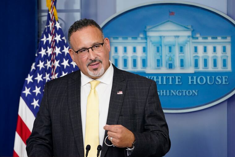 Education Secretary Miguel Cardona speaks during the daily briefing at the White House.