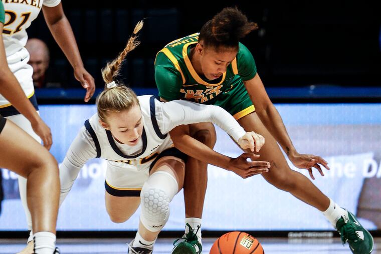 Drexel sophomore Grace O'Neill, seen here in action earlier this season, was one of four players in double figures as the Dragons secured a spot in the CAA semifinals on Friday night.