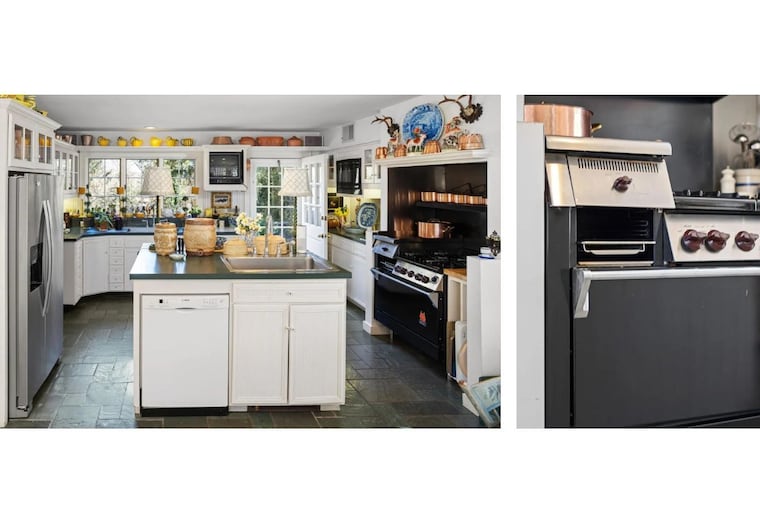 The kitchen at Buckshire (left) retains Julia Child's original choices, like the Wolf stove (right) that she cooked on during her frequent stays at the house, and a marble pastry countertop. Other features include a two-burner electric Gaggenau cooktop, a large cutting board in the center island, dual sinks, a silverware and linen chest, a breakfast room with a 6-foot-tall bay window and slate flooring.