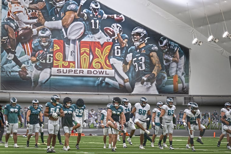 Eagles players warm up during indoor practice on, Sept. 17, 2025, at what then was called the NovaCare Complex in Philadelphia.