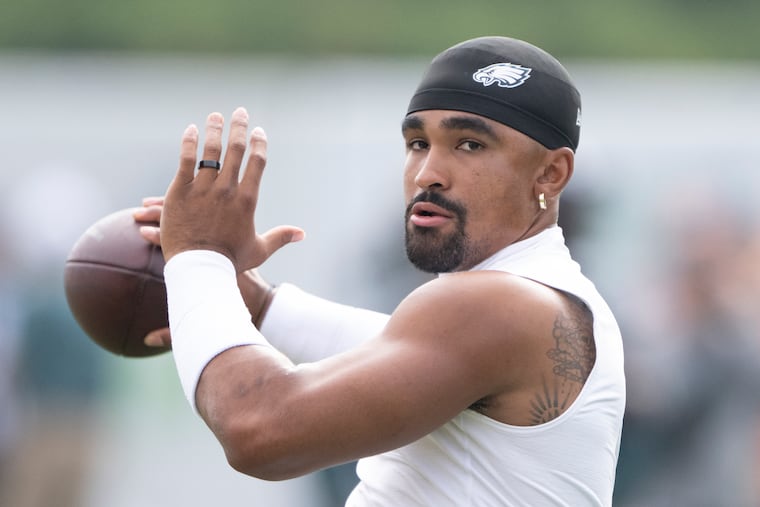 Eagles quarterback Jalen Hurts runs a drill during a joint practice with the Cleveland Browns at the NovaCare Complex on Wednesday.
