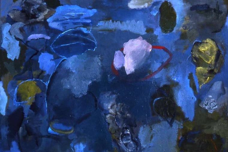 Oil on canvas by Roberta Eisenberg in a retrospective of her work at University of the Arts: Lots of movement, veils of color, color changes.