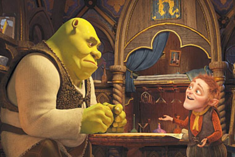 The big green ogre in a scene from "Shrek Forever After." The fourth movie in the series, it is available in both 2-D and 3-D formats.