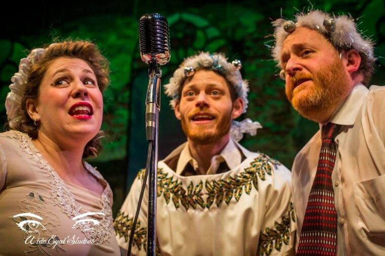 (Left to right:) Sarah J. Gafgen, Carl Smith, and Shaun Yates in “The Boogie Woogie Radio Hour,” through Jan. 28 at the Hedgerow Theatre.