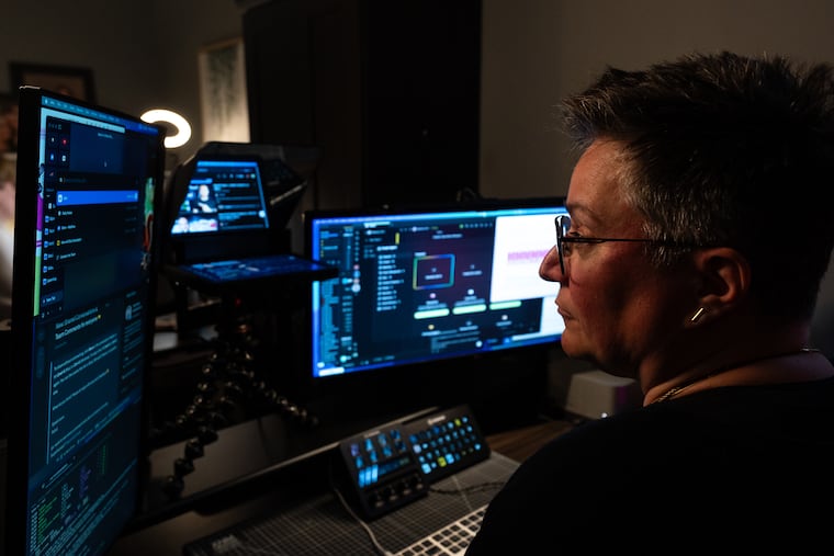 Lisa Ross at their home office in Barrie, Ontario. Ross says they've more than doubled their productivity by using AI for almost everything. MUST CREDIT: Katherine KY Cheng for The Washington Post