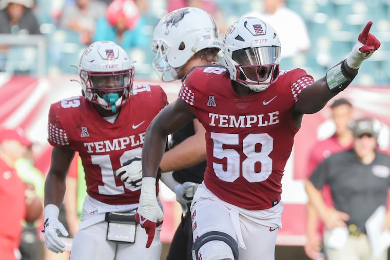 Temple Owls linebacker Lancine Turay celebrates. The defense has put together an impressive pass rush this season.