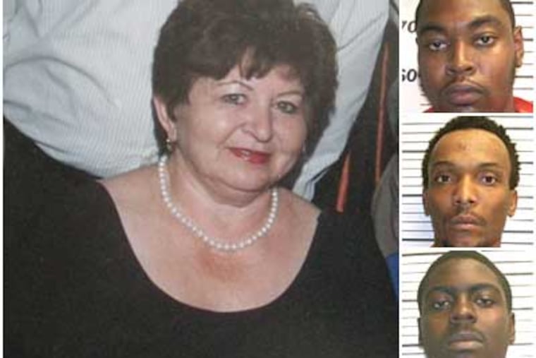 The body of Lyudmila Burshteyn, 57, left, of Philadelphia, was found in a South Jersey farm field. Right (top down): Robby Willis, Damon Williams and Marcus White have been charged in her murder.