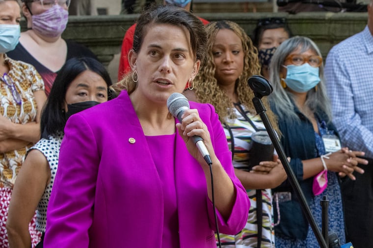 State Rep. Elizabeth Fiedler at a 2021 news conference to show support for teachers and safe schools.