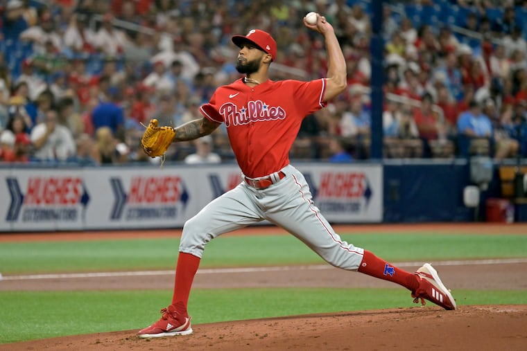 Phillies starter Cristopher Sánchez throws a pitch in the first inning against the Tampa Bay Rays. Sánchez allowed one run on four hits in six innings.
