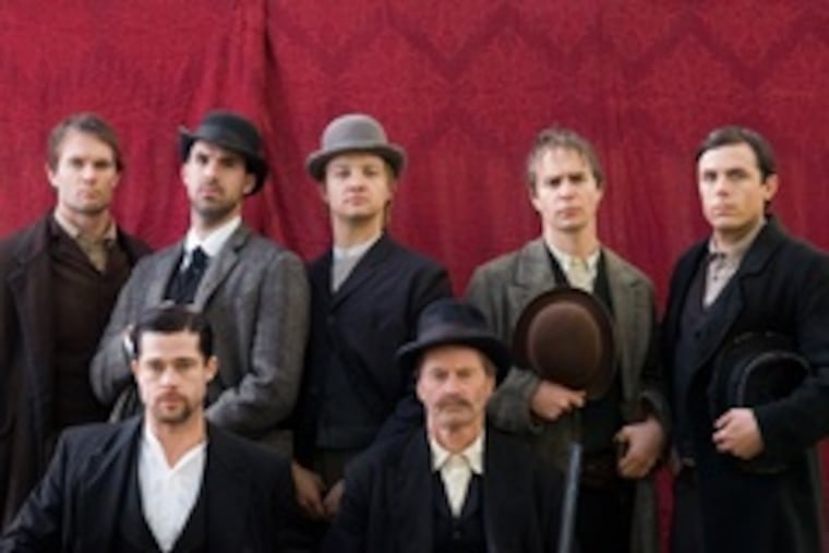 "The Assassination of Jesse James by the Coward Robert Ford," which opens tomorrow in the region, features the James Gang (from left) Garret Dillahunt, Brad Pitt as Jesse James, Paul Schneider, Jeremy Renner, Sam Shepard as Frank James, Sam Rockwell, and Casey Affleck as Robert Ford.