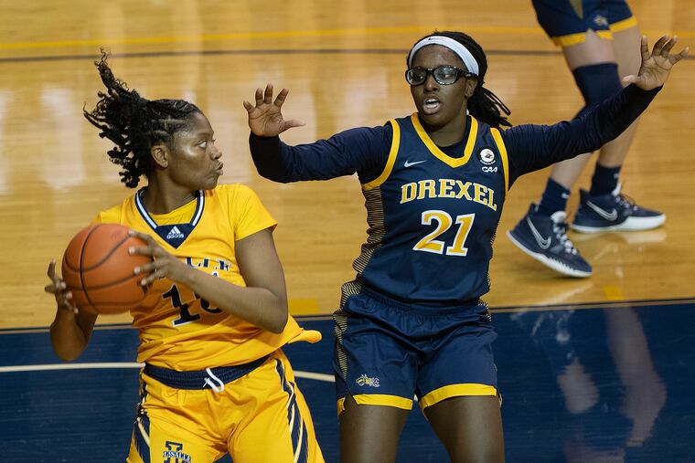 La Salle's Kayla Spruill, rebounds against Drexel, Jasmine Valentine, during the 2nd quarter of the game at La Salle University. Tuesday, November, 15, 2022.