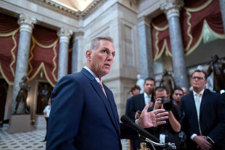 Speaker of the House Kevin McCarthy, R-Calif., talks to reporters at the Capitol in Washington in July.