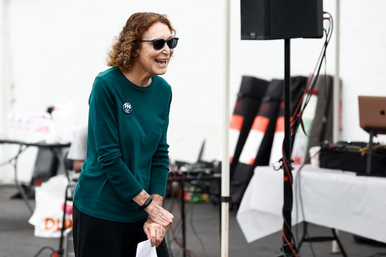 Jane Golden, founder and executive director of Mural Arts Philadelphia, takes the stage during the dedication of the Super Bowl LIX mural at Spike’s Trophies on Tuesday, June 17, 2025 in Philadelphia. The mural is an addition to the existing City of Champions mural series by David McShane.