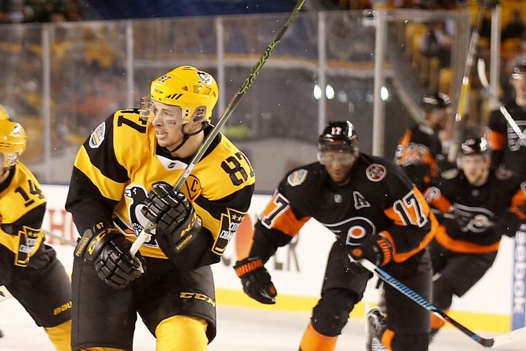 Sidney Crosby and the Penguins will try to end a two-game losing streak when they face the host Flyers on Tuesday. Crosby has 87 points in 60 career games against the Flyers.