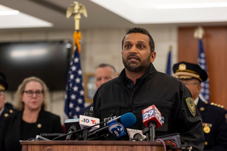 FBI Director Kash Patel speaking about a Kensington drug investigation at the 24th Police District Headquarters in Philadelphia, on Friday, Oct. 24, 2025.