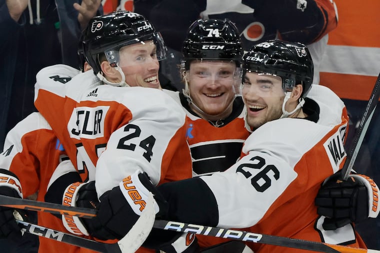 Owen Tippett (middle) celebrates his highlight-reel goal from Thursday night.