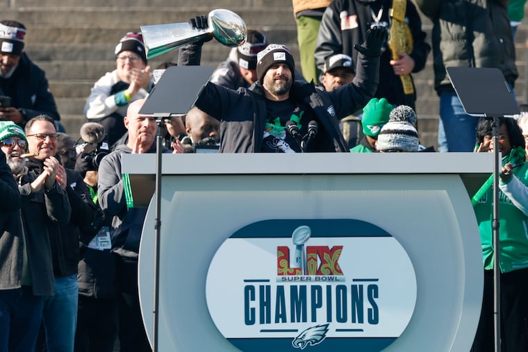 Eagles coach Nick Sirianni hoists the Vince Lombardi Trophy at the Art Museum after the Super Bowl LIX victory parade in February.