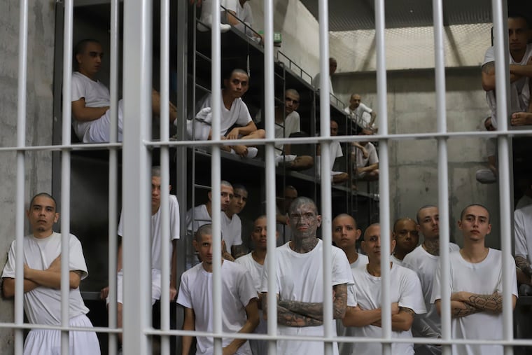 Inmates inside their shared cell during a press tour of the Terrorism Confinement Center, or CECOT, in Tecololuca, El Salvador, in 2023.